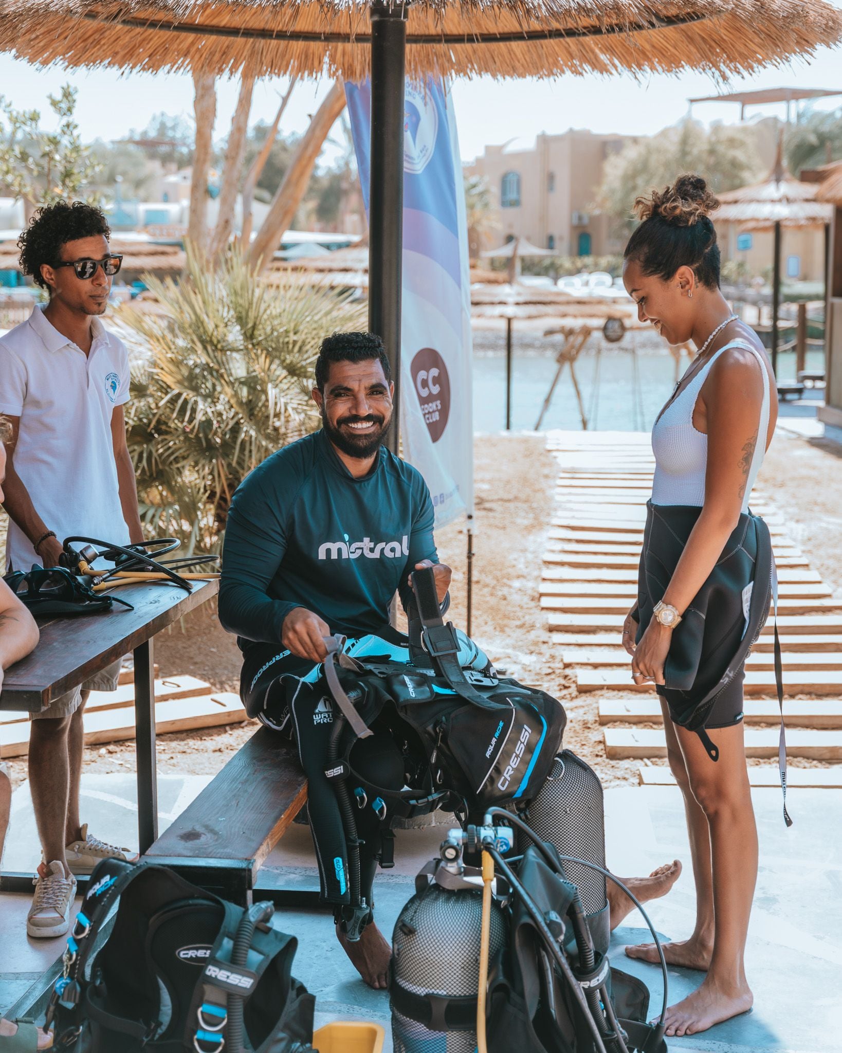 Divemaster trainee preparing scuba gear at Blue Brothers Diving